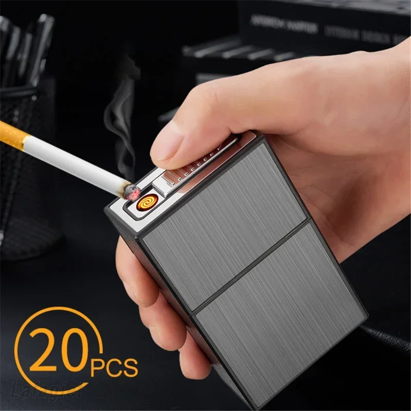 금속 담배 케이스 손전등, USB 라이터, 방풍 제트, 충전식 가스 라이터, 남성용 가제트, 신규, 20 개를 담을 수 있음
