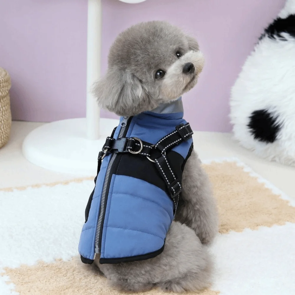 Adjustable Dog Warm Jacket Waterproof Zipper Reflective Dog Coat with Harness Padded Warm Windproof Puppy Clothes for Puppy Dogs