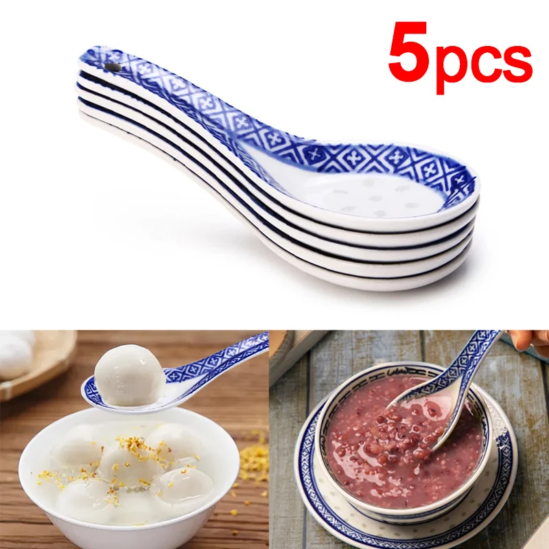 5Pcs Ceramic Spoon Multi-Function Chinese Style Scoop Porridge Spoon Tableware Soup For Home Restaurant Cooking Tool Cooking Scoop Ceramic Spoons