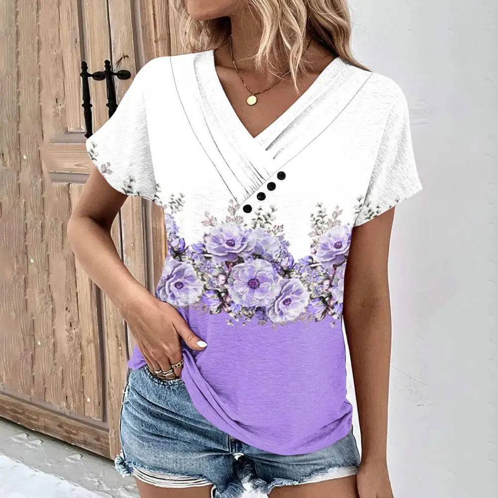 

Short-sleeve Shirt Flower Print Colorblock V Neck T-shirt for Women Soft Breathable Top with Button Decor Short Sleeves Buttoned
