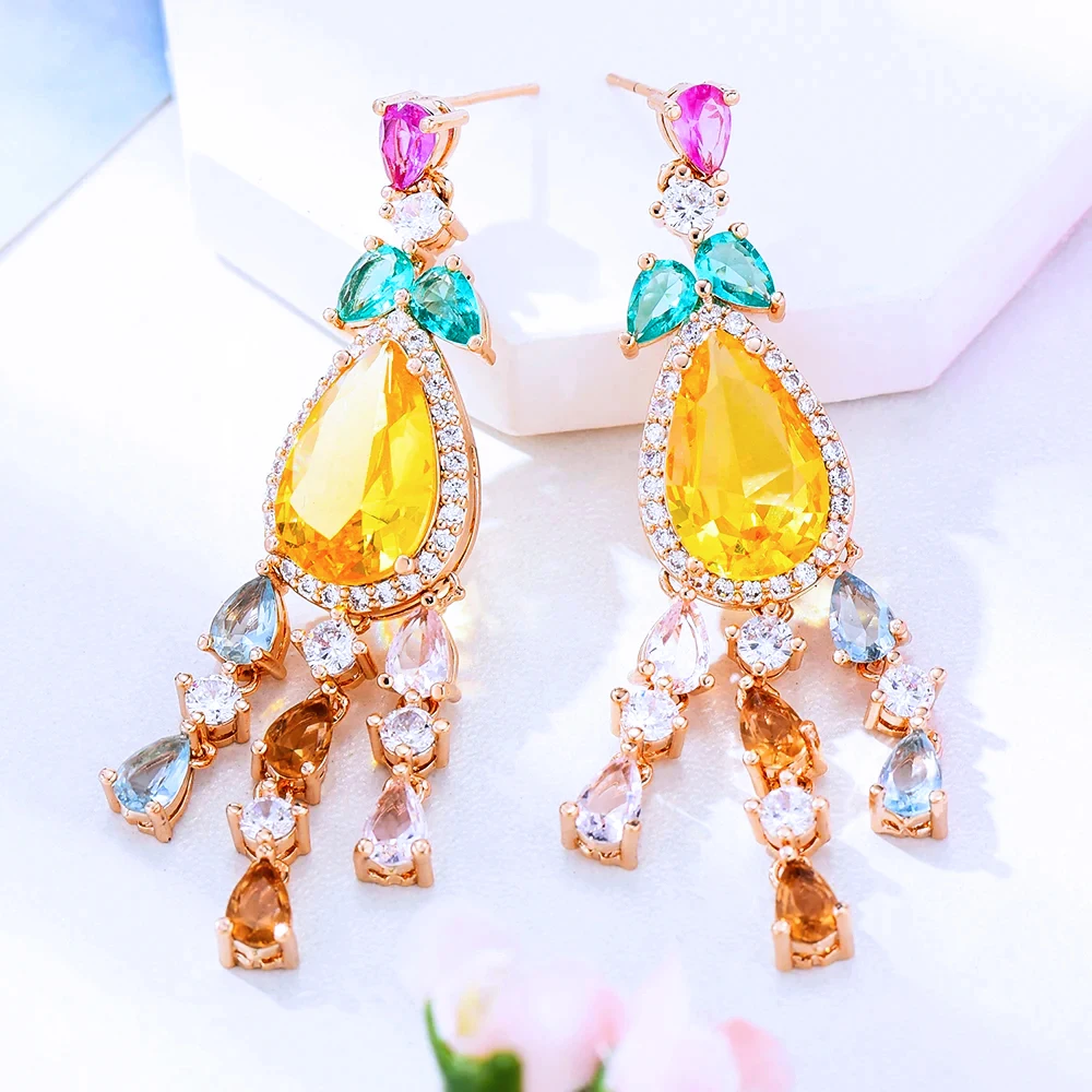 

Missvikki New Luxury Shiny Yellow Tassel Earrings Rhinestone for Women Bridal Drop Dangling Earrings Party Wedding Jewelry Gifts