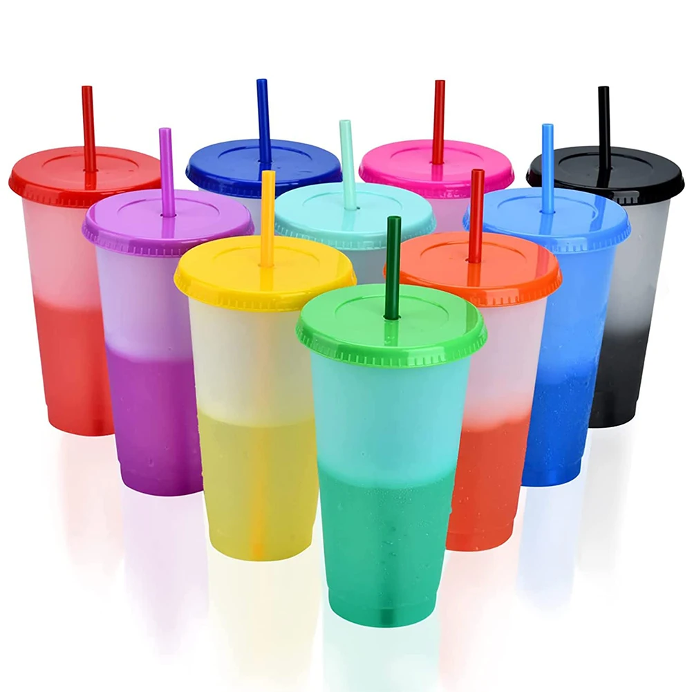 10Pcs Color Changing Cups with Lids and Straws 710ml Plastic Tumblers Cute Iced Coffee Cup Reusable Cups Bulk for Cappuccino