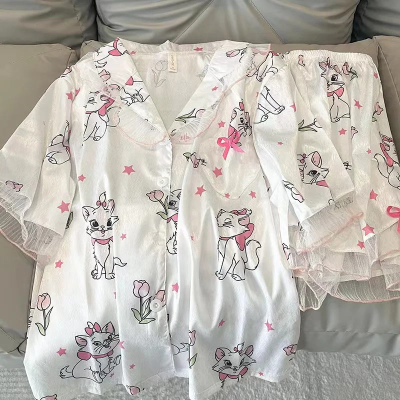 Kawaii disney marie Cica Pizsama Anyaállat Gúnyrajz Új Födémgerenda Híg short-sleeved Sort haza ruhák állítsa být Van Kopott Odakint