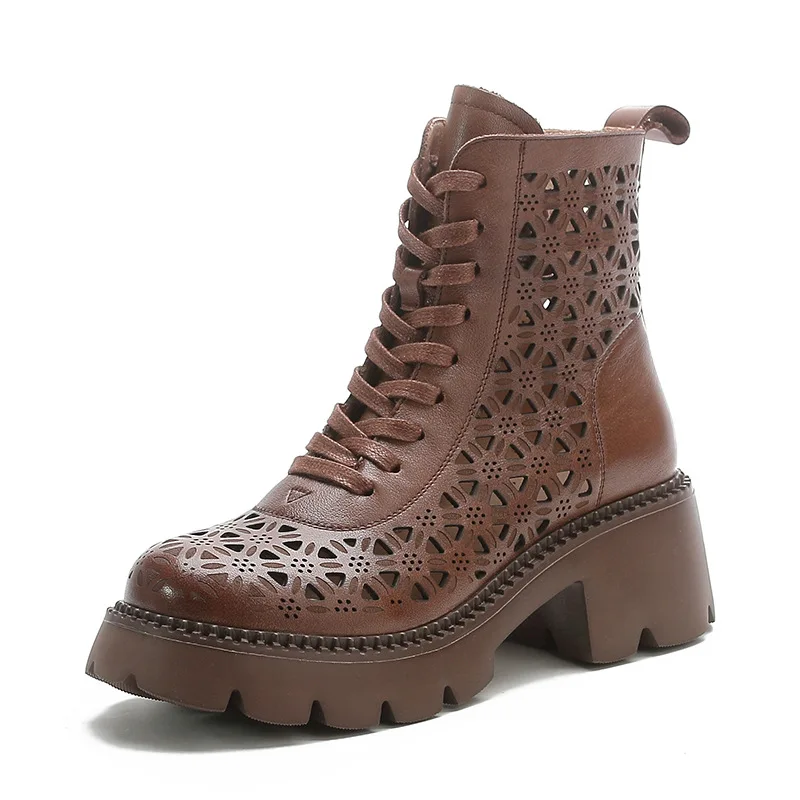 

Women Shoes Chelsea Boots New Ankle Boots Flower Hollow Platform Shoes Woman Lace up Ankle Boots Chunky Suqare High Heels Boots