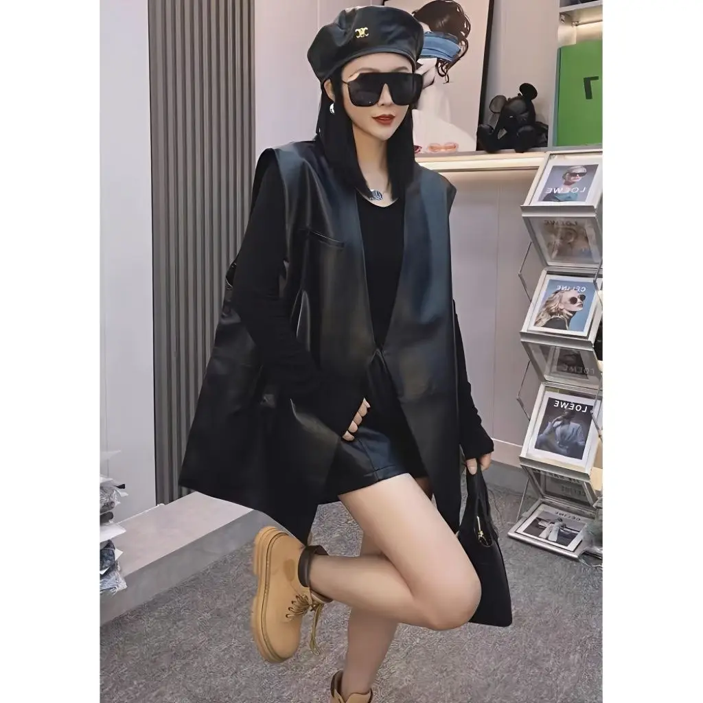

Black Loose Sleeveless PU Leather Vest Female Coat Women's Autumn New Fashion Outerwear Trend Korean Jacket Cardigan Vintage