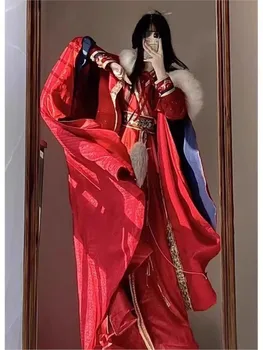 New robe set Hanfu women's traditional Chinese style long gown with fleece and thickened cape