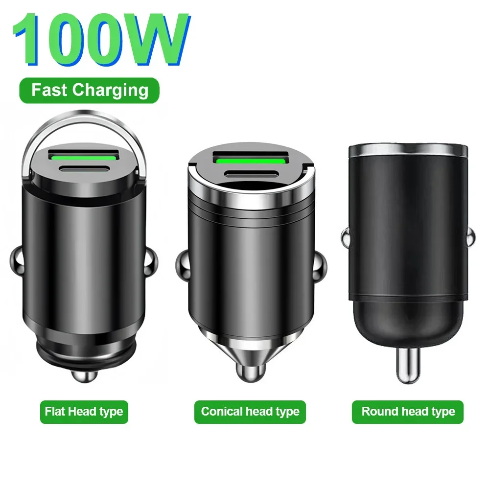 Compact 100W Dual USB Fast Car Charger with Type C Port