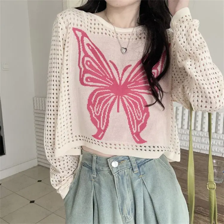 

Butterfly Printed Knitted Sweater For Women Summer Round Neck Hollowed Out Pullover Short And Versatile Slim Long Sleeved Top