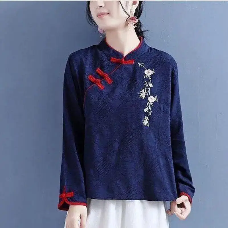 Vintage Embroidery Shirts Women Long Sleeves Casual Tops Chinese Style Button Linen Top Traditional Women's Wear Tea Clothing