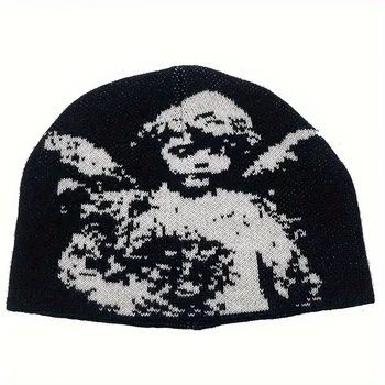 Angel Jacquard Beanie Black & White Edgeless Skull Cap Winter Hat for Women & Men Gothic Y2K Beanie for Everyday & Formal Events
