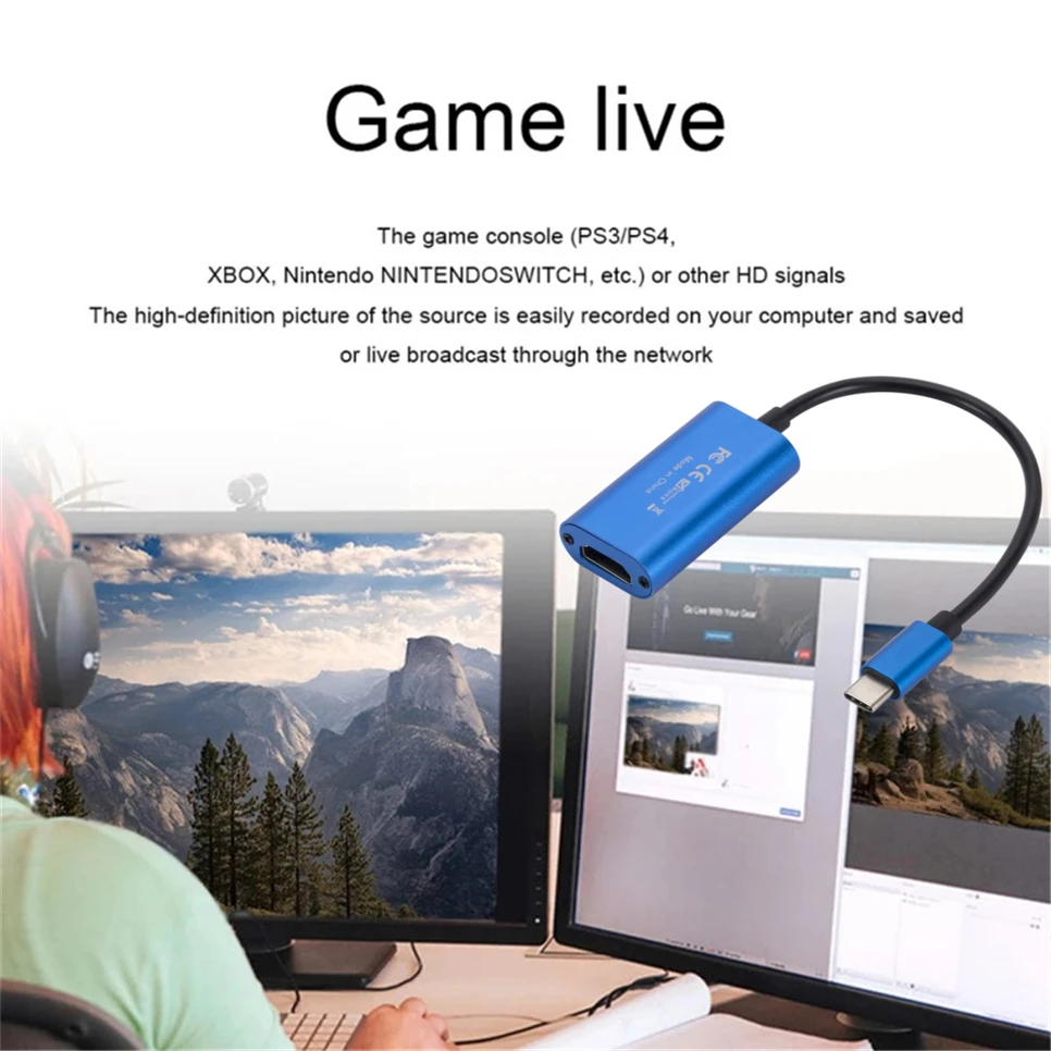 Video Capture Adapter Portable HD 1080P Type C to HDMI for PC Game Camera Recording