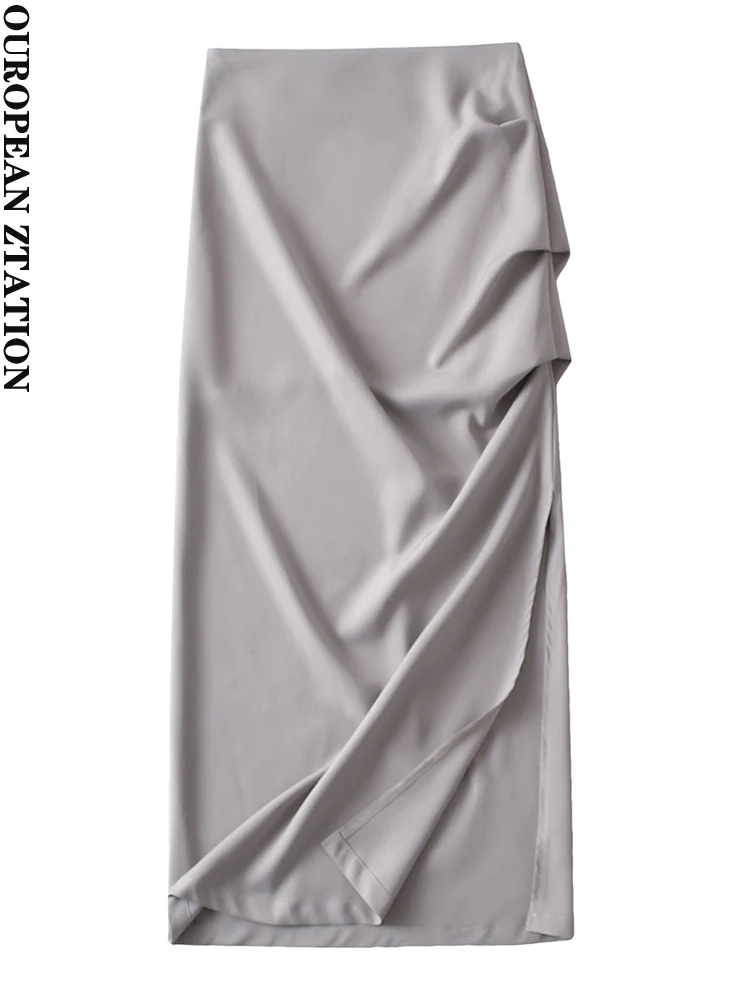 

PAILETE Women 2023 fashion pleated midi skirt vintage high waist back zipper slit hem female skirts mujer