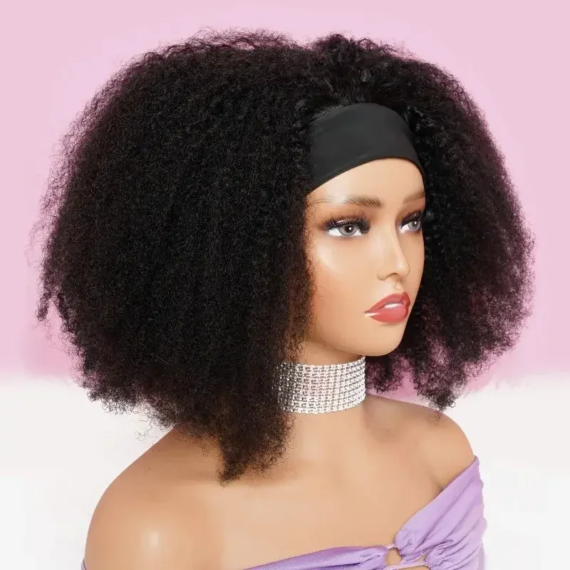 Human Hair Wig 250% Density Headband Afro Kinky Curly For Women No Glue Machine Made Full Wig
