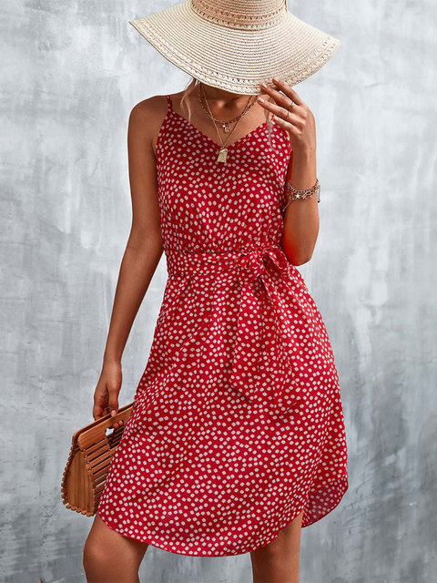 Summer Midi Floral Dress Women V Neck Boho Dress Ladies A Line Spaghetti Strap Flower Party Dress For Women