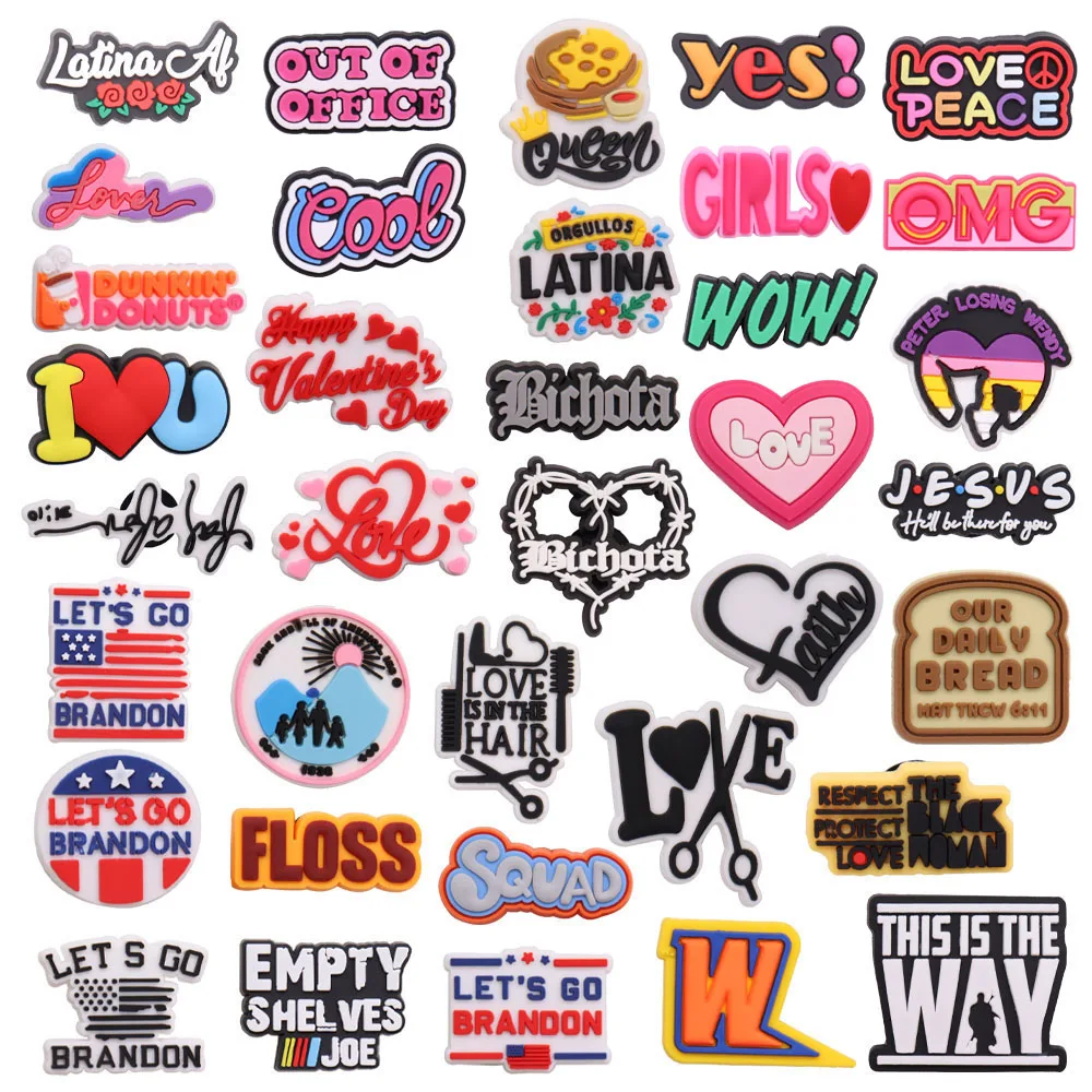 

Wholesale 50pcs PVC Shoe Charms English LATINA America WOW BRANDON Accessories Shoe Buckles For Croc Jibz Kids Party Present