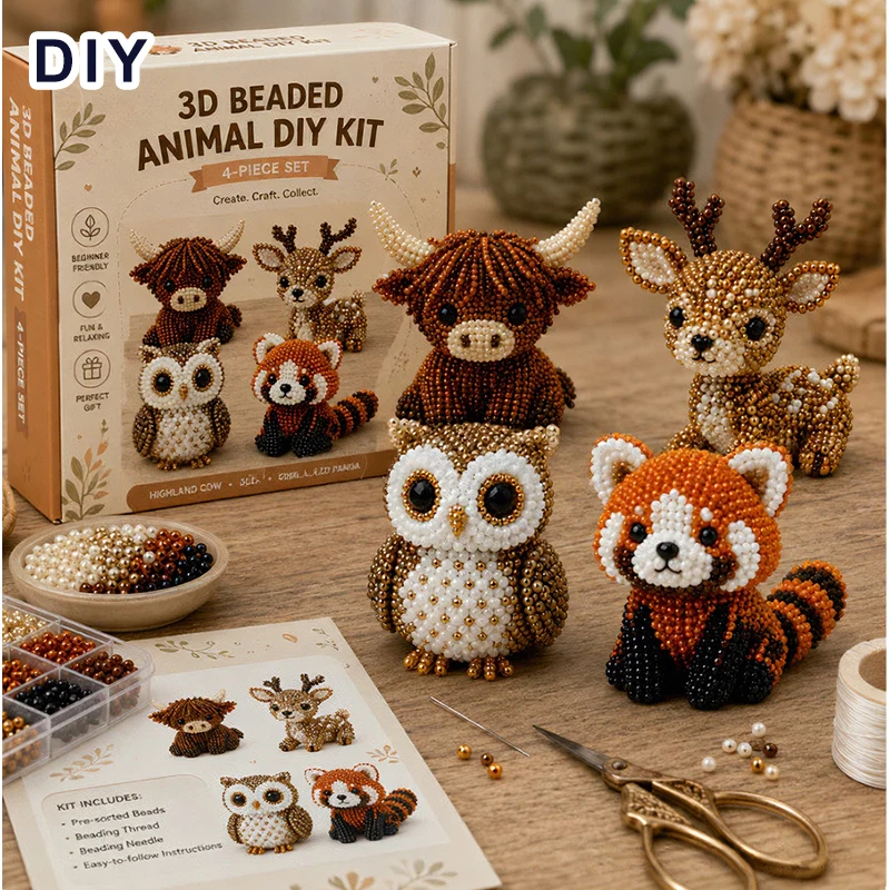 DIY-Perlenbastelset für Erwachsene, handgefertigtes Set für winzige 3D-Perlentiere, niedliches Perlenset als Geschenk für Kinder (Materialbeutel)_voghion.com