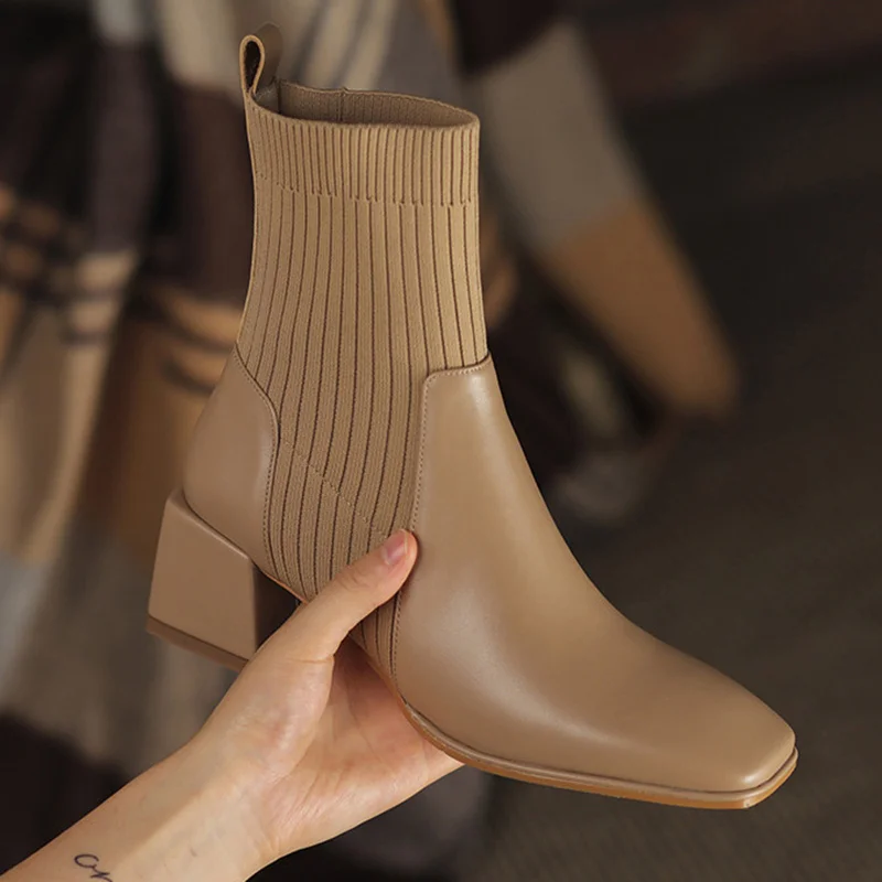 

Hot Selling Womens Nude Sock Boots New High Quality Women's Boots Autumn Winter Knitted Slip on High Heels Zapatos Para Mujeres