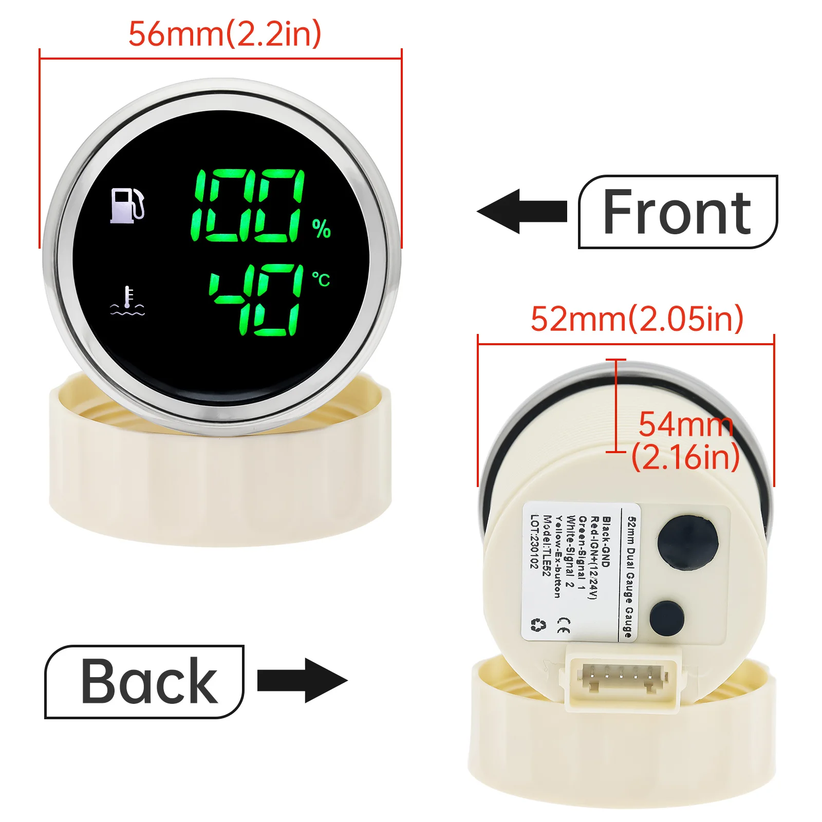 디지털 LED 수온 게이지 전압계, 맞춤형 어댑터가 있는 자동 오토바이 차량 게이지, 12V 24V, 2 in 1