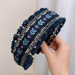Boho Chic Embroidery Headband - Retro Style Elegant Hair Accessory (Navy Blue)