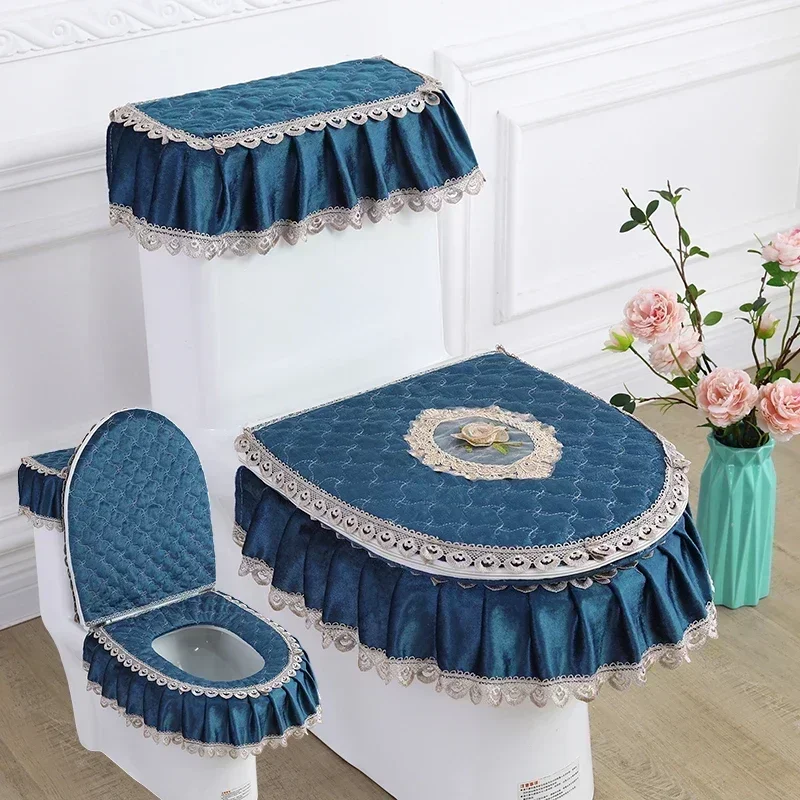 3PCS 벨벳 스커트 스타일 화장실 매트 수 놓은 레이스 변기 매트 인쇄 먼지 커버 화장실 Closestool 욕실 액세서리