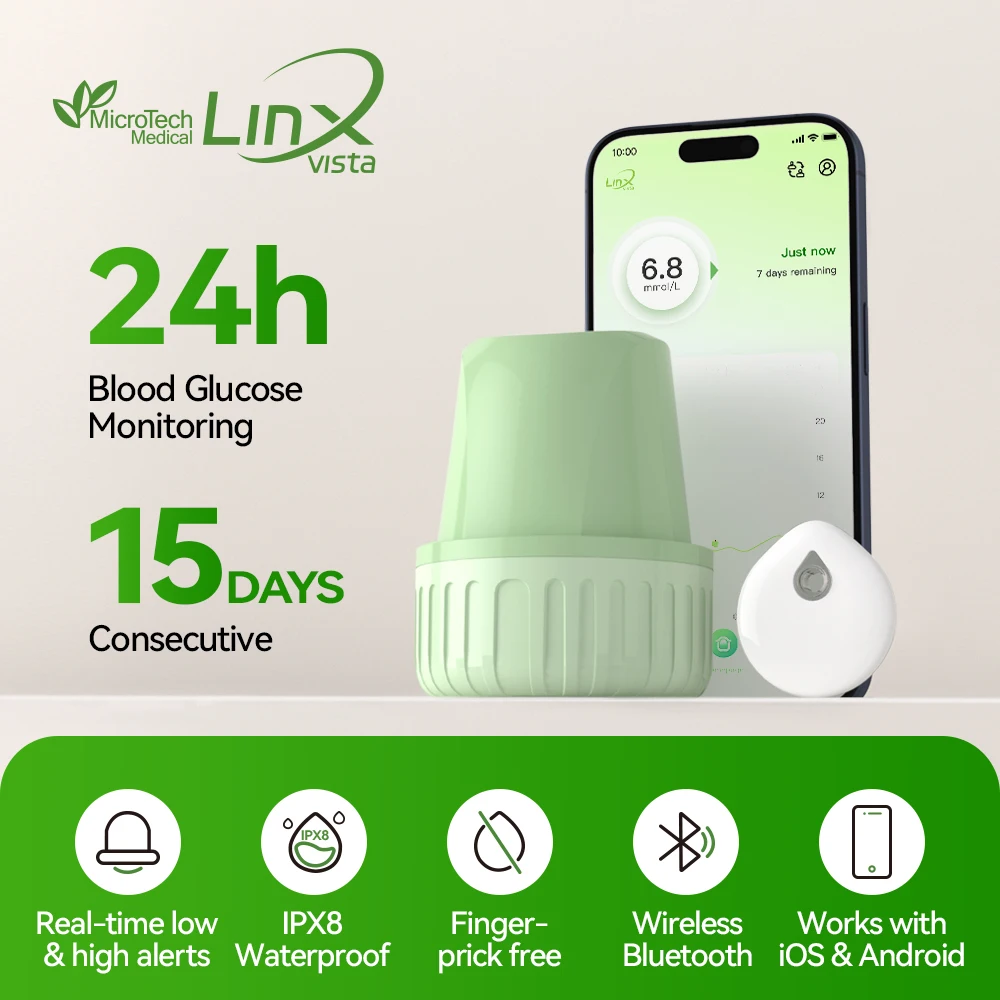 MicroTech LinX vista CGM 15-Day Continuous Glucose Monitor Real-Time Blood Glucose Monitoring Diabetes Management