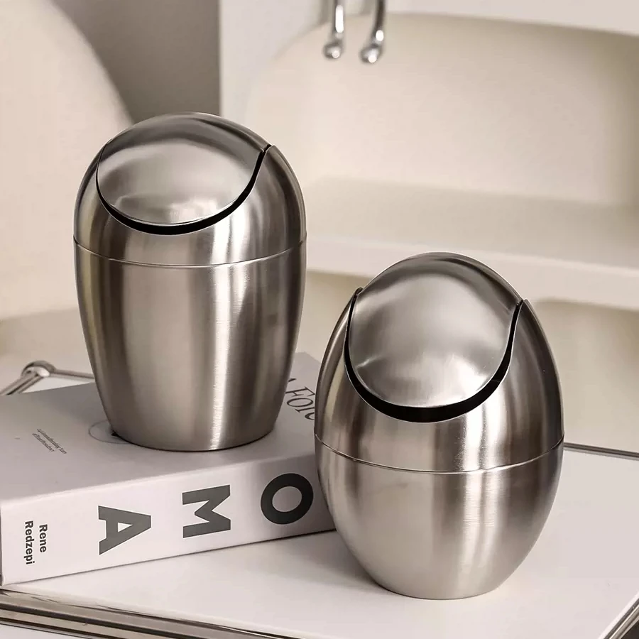 

Desktop Trash Can Stainless Steel Light Luxury Coffee Table Trash Can Creative Egg Shaped Waste Paper Basket Home Decoration
