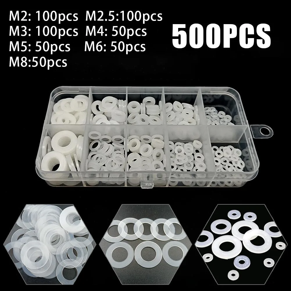 500Pcs M2 M2.5 M3 M4- M5 M6 M8 White Plastic Nylon Flat Washer Flat Gasket Screw Bolt Insulation Washer Assembly Kit