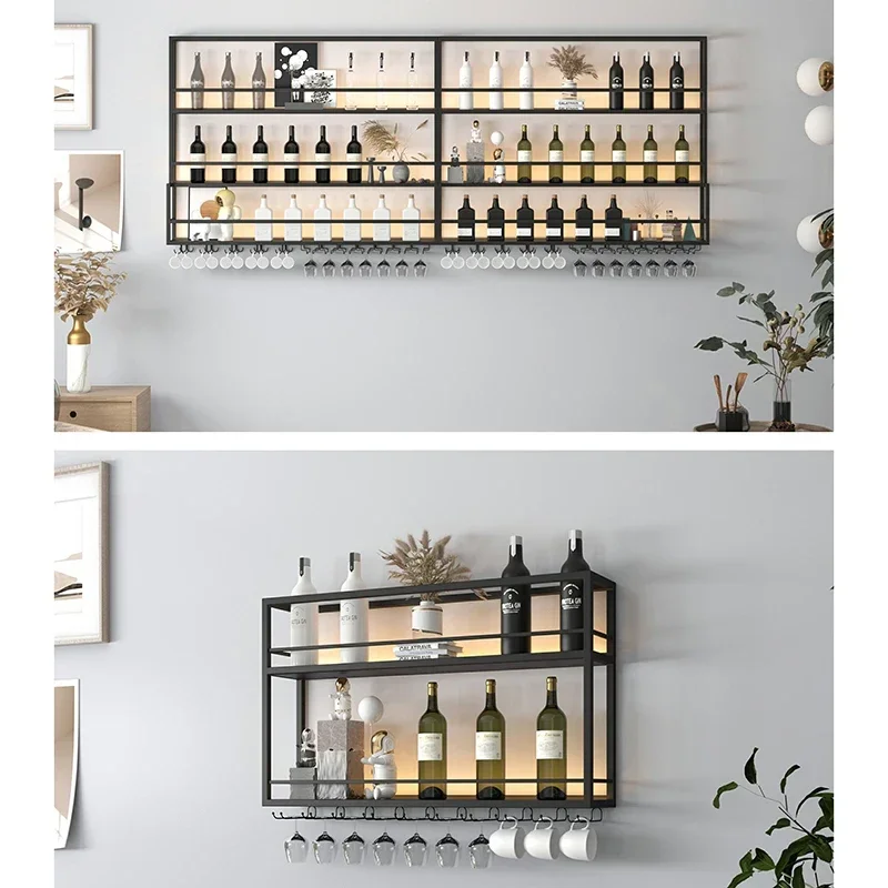 Luxury Wall-mounted Wine Rack for Kitchen Three-layer Iron Solid Showcase with Lights Modern Creative Household Shelf for Hotel
