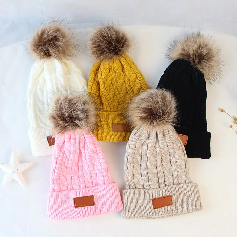 Winter Faux Fur Pompom Baby Cap Cute Knitted Woolen Infant Boy Girl Hat Beanie Solid Color Kids Elastic Warm Pullover Caps