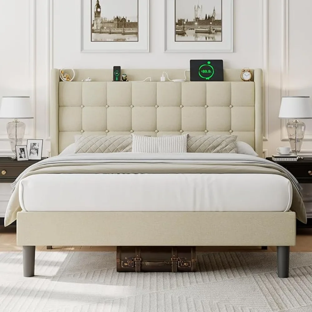 Description Picture 2 of itemQueen Bed Frame with Charging & Storage, Upholstered Platform Bed with Button Tufted Wingback Headboard, Heavy-Duty Foundation