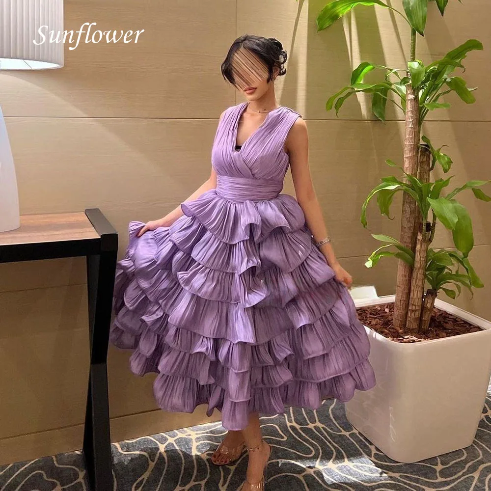 

Sunflower Simple V-Neck Formal Evening Dress 2023 Slim Pleat Tiered Taffeta Ankle-Length A-LINE High-end Custom Prom Gowns