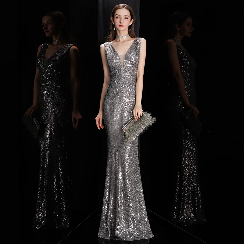 

Sparkly V Neck Sequin Evening Mermaid Dress With Sequined Sleeves Formal Dress Party Gown Bodycon Maxi Prom Dress