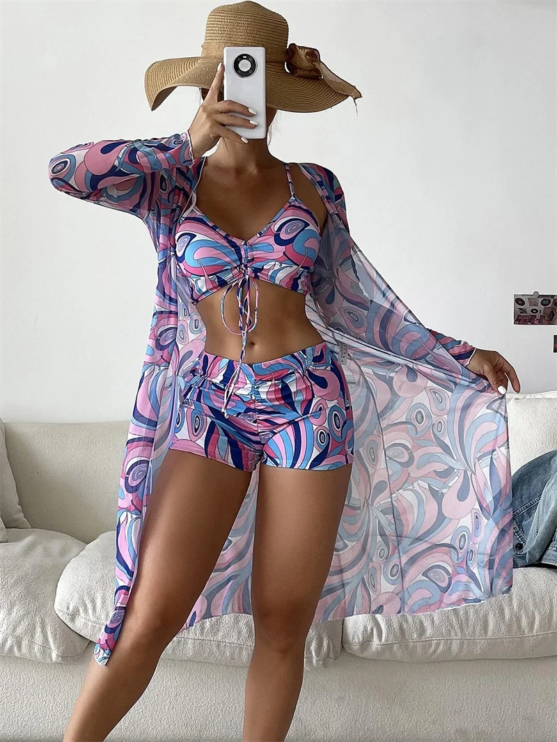 Summer Beach Vacation Lace-up Bikini Separate Three Piece Set Women's High Waist Long Sleeve Sun Protection Cover-ups Female New