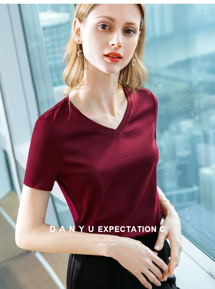 Ice Sensitive Silk Cotton V-neck Short Sleeved T-shirt for Women's Solid Round Neck Basic Commuting Elastic Oversized Top