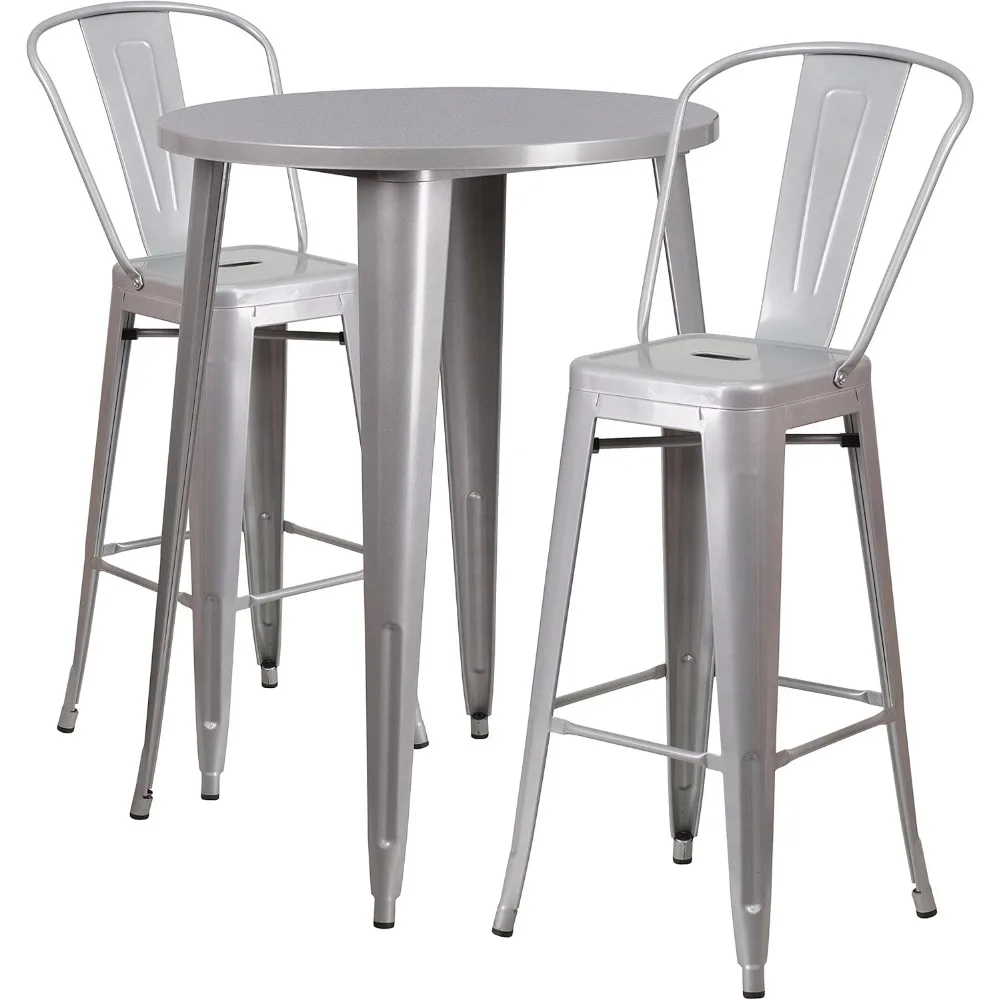 Commercial 30" Round Silver Metal Indoor-Outdoor Bar Table Set-2 Cafe Stools 2