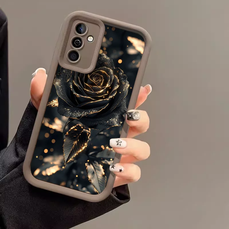 Elegant Black Gold Rose Flower Silicone Phone Case - Soft Cover Skin