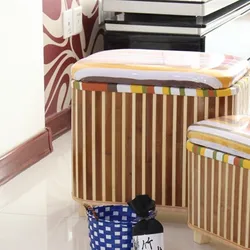Bamboo Woven Storage Stool and Multi - Functional Wooden Bench (L stripe)