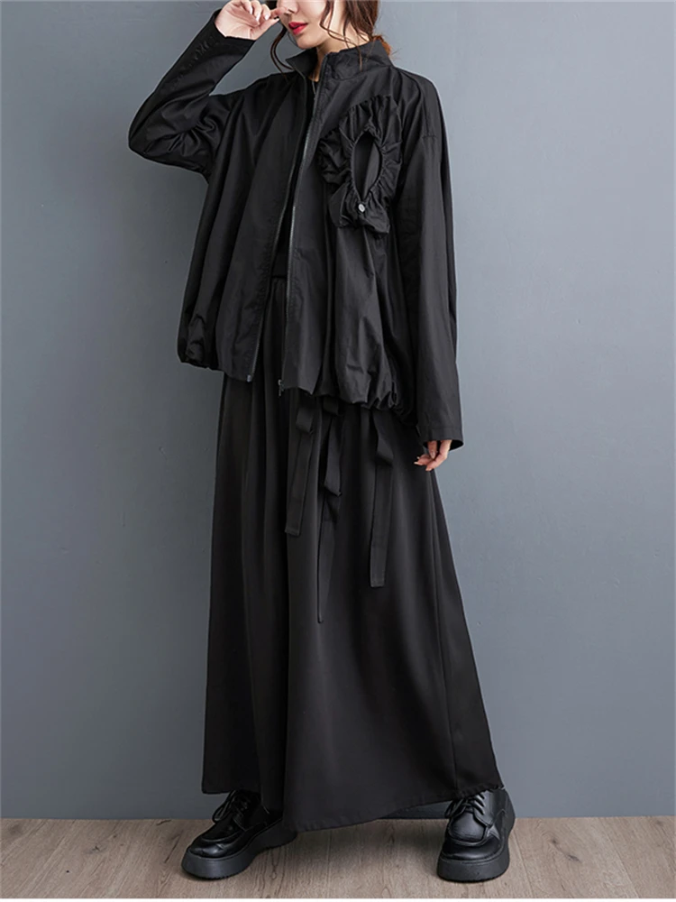 2025 Spring Autumn Women's Black Solid Color Jacket Casual Loose All Match Double-layer Oversize Fashion Standing Collar Coat