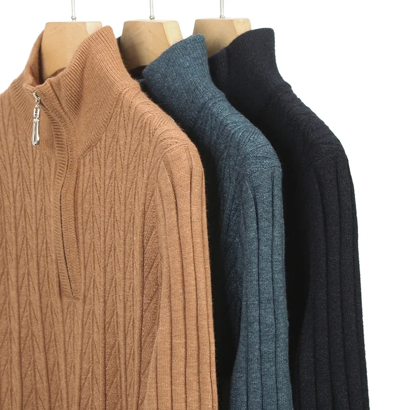Men's Autumn and Winter Half High Neck Zipper Thick Solid Color Sweater Casual with Warm Knit Sweater Base Shirt 5