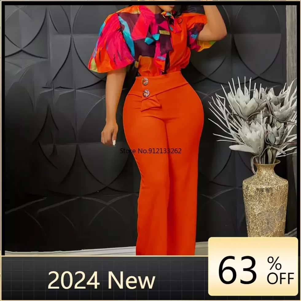 

African Clothes for Women Summer Sexy African Women Short Sleeve Polyester Two Pieces Sets Shirts and Long Pant African Suit