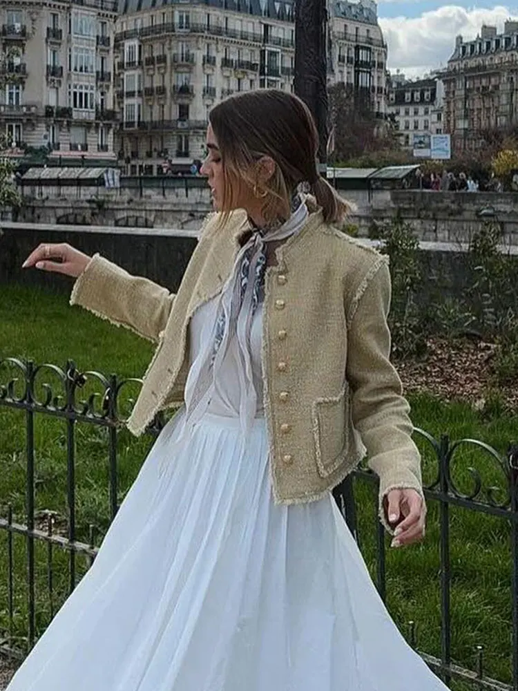

2024 Women's Vintage Casual Texture Coat Long Sleeve Pockets Single-Breasted Splicing Fashion Streetwear Jacket