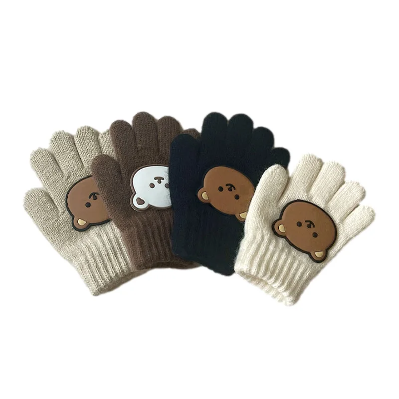 Cartoon Bear Winter Kids Gloves Woolen Mittens for Girls Boys Candy Color Children Knit Mitten Warm Infant Baby Accessories 3-7Y