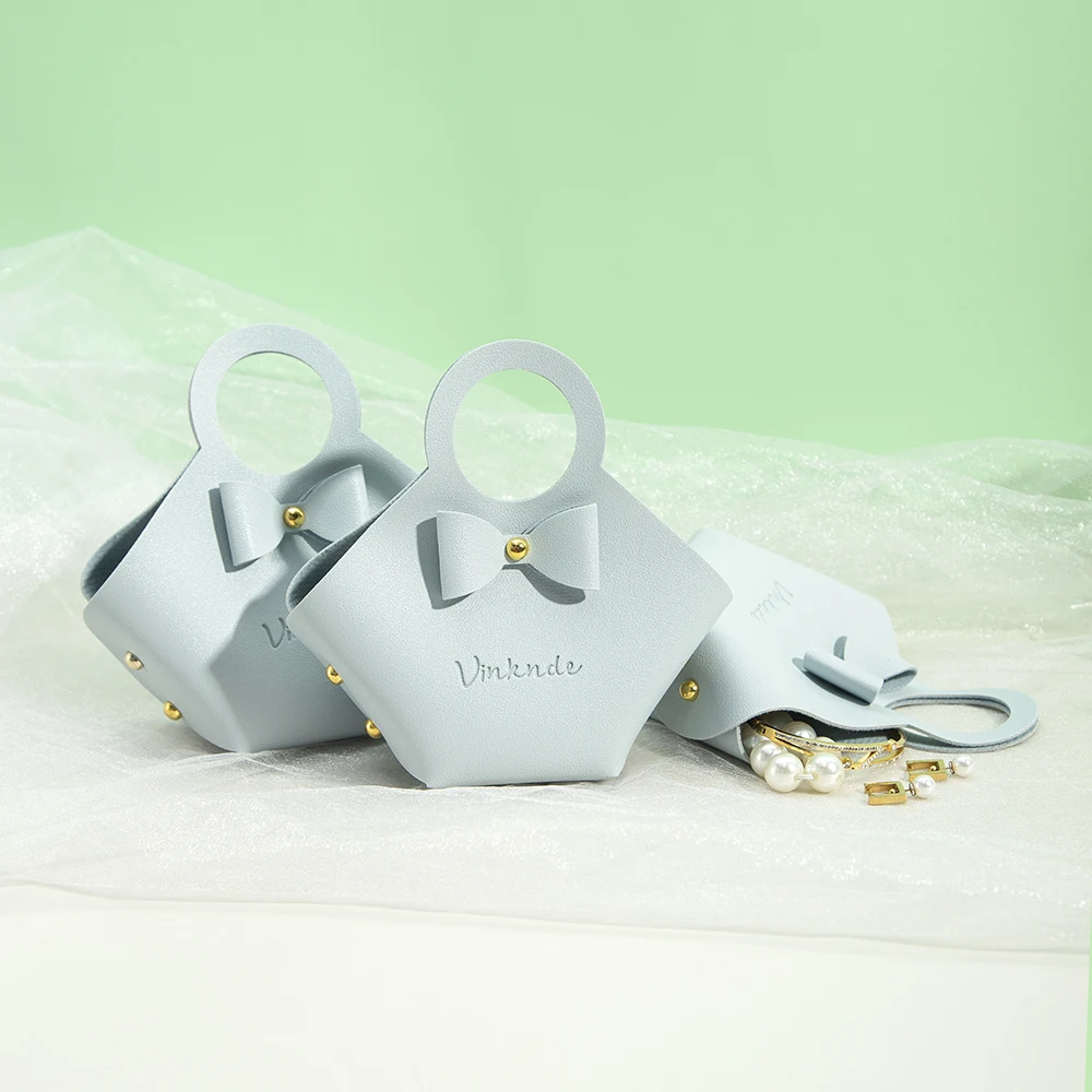 Light Blue Foldable PU Leather Jewelry Bag 16x9x7cm Wedding Candy Gift Basket Handbag Party Favors Cute Bowknot Wrapping Pouch