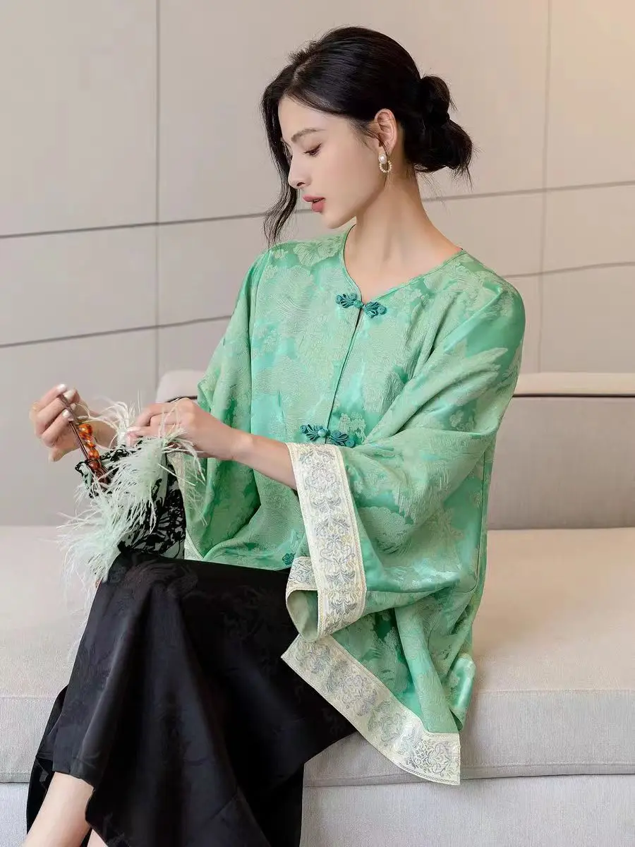 Chinese Style O-Neck Jacquard Casual Loose Bat Sleeve Shirt for Women Contrast Color Spliced Cuffs Jacket S-XXL