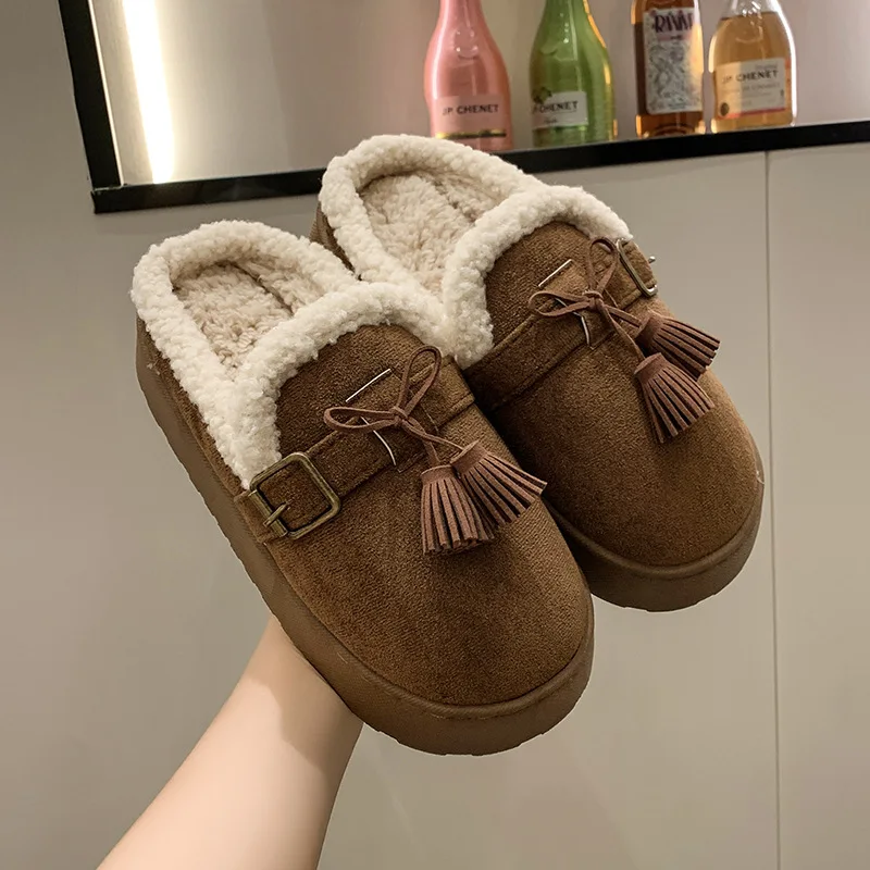 Simple Bow Thick-soled Plush Fluffy Slippers Women Wear Outside in The Winter 2025 with Fluffy Tassels and Cotton Slippers