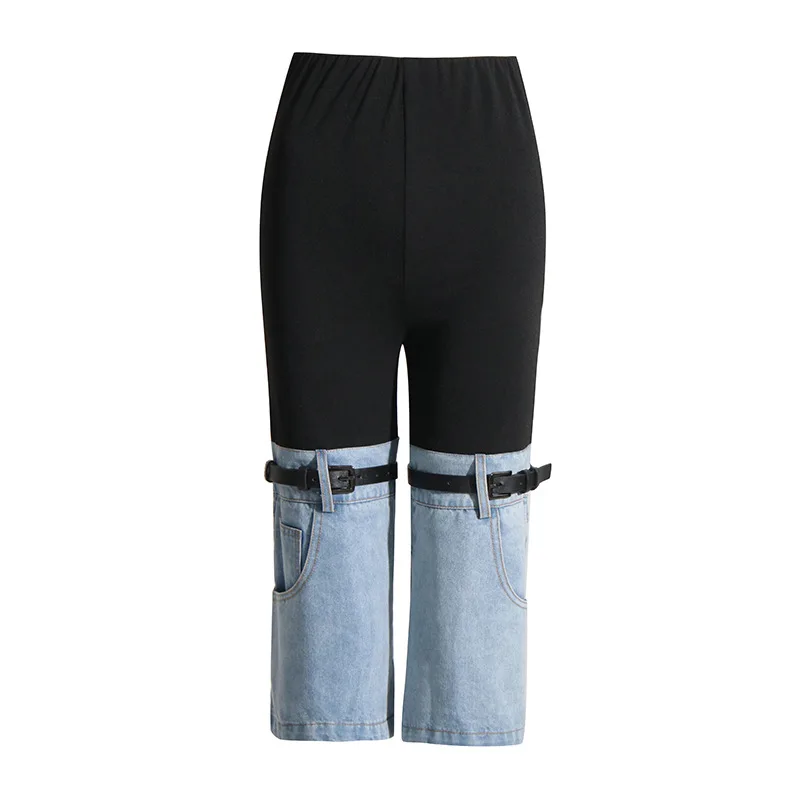 

High Waist Slim Spliced Contrast Pants Women Straight Leg Calf-length Design Irregular Patchwork Belt Zipper Pockets Trousers