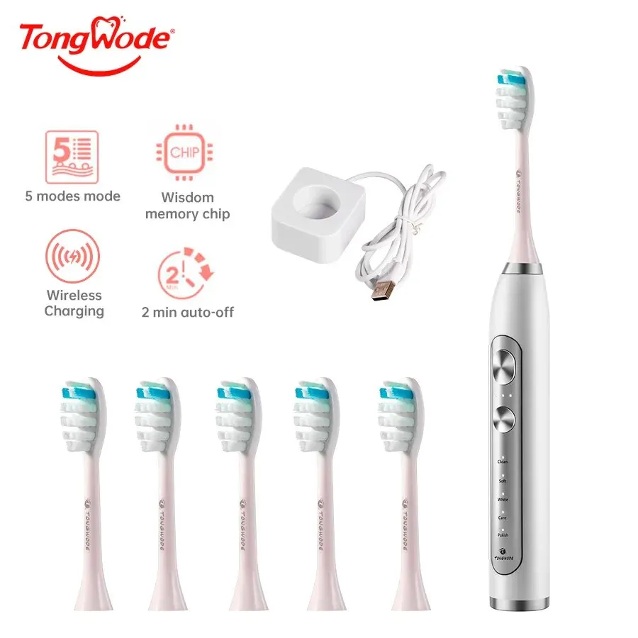 Electric Toothbrush Tongwode Ultrasonic Wireless Charging IPX7 Waterproof Replacement Heads Whitening Teeth Timer Smart Brush