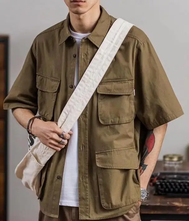 5/4 Sleeve Work Shirt American-Style Elastic Cargo Short-Sleeved Retro Outdoor Multi-Pocket Shirt Four Pocket Shirts Asia Size 5