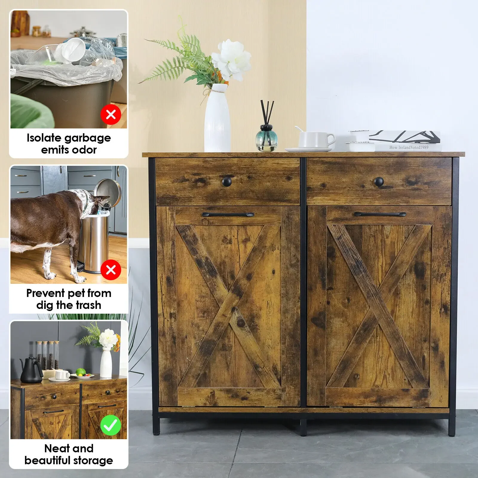 Dual Kitchen Trash Cabinet, 2 x 10 Gallon Double Tilt Out Trash Can Cabinet with Countertop and Drawer, Free-Standing Pet Proof