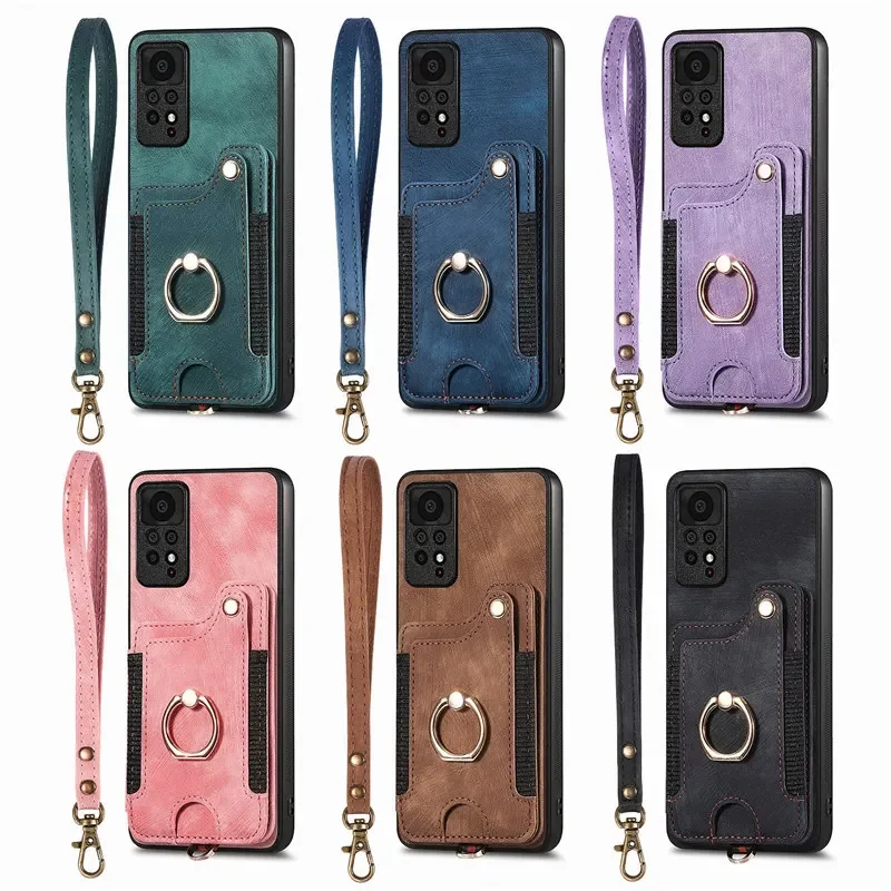 Leather Flip Phone Case with Ring Holder and RFID Wallet Card Strap Cover